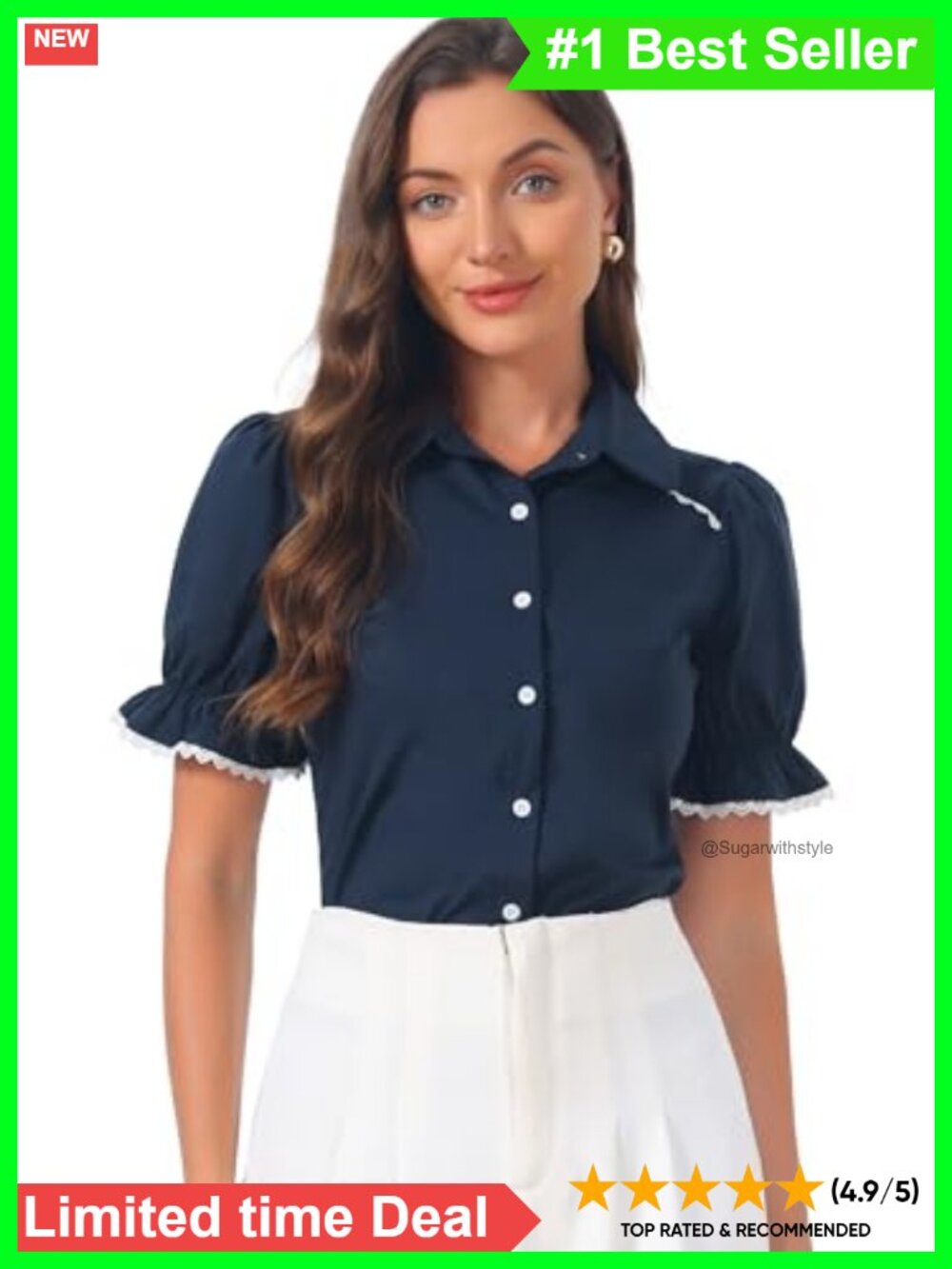 Peter Pan Collar Button Down Blouse Puff Short Sleeve Work Top